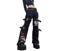 Madger Damen Y2K High Waist Jeans Loose Wide Leg Denim Hose Graphic Print Baggy Cargo Pants Gothic Dark Punk Streetwear, Schwarz , S