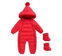 Maeau Baby Mädchen Jungen Schneeanzug mit Kapuze 0-6 Monate Daunenanzug Strampler Daunenanzug Overall Winter Baumwolle Kleinkind Spielanzug Neugeborene Outfit Warm Jumpsuit Langarm Daunen Schuhe Rot