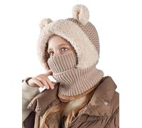 Maeau Baby Wintermütze Winter mit Ohren 2 Zwei Bommel Schlupfmütze Warme Kinder Jungen Sturmhaube Gestrickt Fahrrad Kleinkind Schalmütze Fleece Herbst Mädchen Mütze und Loop Schal Set Gefütterte Khaki