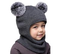 Maeau Baby Wintermütze Winter mit Ohren Kinder Jungen Schlupfmütze Warme mit Zwei Bommel Kleinkind Sturmhaube Gestrickt Fahrrad Mädchen Schalmütze Loop Schal Set Herbst Mütze Strickmütze Niedlich Grau