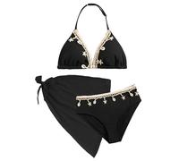 Maeau Badeanzug Dreiteilig Kinder Mädchen 9 Jahre Zweiteiliger Schwimmanzug Bedruckt Badebekleidung 3 2 teiler Sommer Bademode Bikini Set Hawaii Strand mit Rock Cover Up Schwimmen Muscheln Schwarz