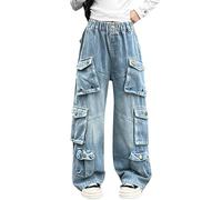 Maeau Cargo Jeans Kinder Mädchen 9 10 Jahre Jeans mit Weitem Bein Jeanshose Baggy Cargohose Teenager Denim Hose Gerades Bein Loose Fit Hosen Elastischer Bund Freizeithose Lange Frühling Blau 140