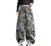 Maeau Cargo Jeans Kinder Mädchen 9 10 Jahre Jeans mit Weitem Bein Tarnung Jeanshose Baggy Cargohose Teenager Denim Hose Gerades Bein Loose Fit Hosen Elastischer Bund Freizeithose Lange Armee Grün 140