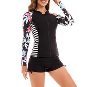Maeau Damen Bademode Langarm Reißverschluss Badeanzug Zweiteiler Schwimmanzug Gedruckt Uv Shirt mit Badeshorts Brustpadsrash Guard Strandshorts XL