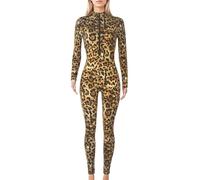 Maeau Damen Catsuit Einteiler Leopard Jumpsuit Langarm Stehkragen Jumpsuit Eng Strampler Overall Bodycon Playsuit Elastisch Ganzkörper Bodysuit Clubwear XL