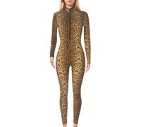Maeau Damen Catsuit Einteiler Leopard Jumpsuit Langarm Stehkragen Jumpsuit Eng Strampler Overall Bodycon Playsuit Elastisch Ganzkörper Bodysuit Clubwear XL