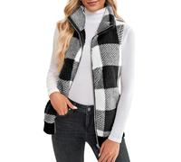 Maeau Damen Fleece Weste Karierte Jacke Bodywarmer Ärmelloser Mantel Plüschweste Jacke Damen Reißverschluss Weste mit Tasche Leichte Outwear für Herbst Winter, schwarz / weiß, L