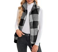 Maeau Damen Fleece Weste Karierte Jacke Bodywarmer Ärmelloser Mantel Plüschweste Jacke Damen Reißverschluss Weste mit Tasche Leichte Outwear für Herbst Winter, schwarz grau, XXL