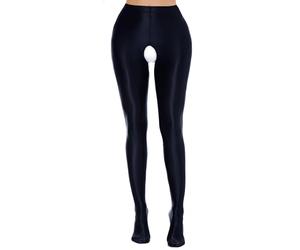 Maeau Damen Leggings Glossy Durchsichtig Tights Elastisch Kompressionshose Offen Ouvert Strumpfhosen Pants EU M (Asie L)