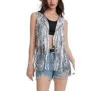 Maeau Damen Weste Fransen Pailletten Vest Ärmellose Sparkle Cardigan Quaste Saum Jacke Glänzende Streetwear für Rave Festliche Club Party M