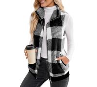 Maeau Damen Weste Warm Plüsch Weste Verdickter Fleece Weste Kariert Teddy Weste Reißverschluss Winterweste Ärmellos Kuscheljacke für Winter Herbst Frühling S