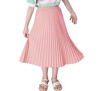 Maeau Faltenrock Lang für Mädchen Chiffon Plissee Rock Kinder Mädchen Mittellange Midi Faltenröcke 9 10 Jahre 140 Rosa A Linien Röcke Elastische Hohe Taille Gefaltete Rock Sommer Frühling Schulmädchen