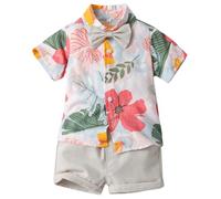 Maeau Hawaii Hemd Kinder Jungen Strandhemd 3 Stücke Baby Sommer Set Kurzarm Stehkragen Blusenshirt Kleinkinder Tasche Shorts Strand Kurze Hose Neugeborene Bedruckt T-Shirts mit Kinder Fliege 110 3-4 J