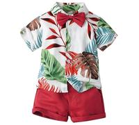 Maeau Hawaii Hemd Kinder Jungen Strandhemd 3 Stücke Baby Sommer Set Kurzarm Stehkragen Blusenshirt Kleinkinder Tasche Shorts Strand Kurze Hose Neugeborene Bedruckt T-Shirts mit Kinder Fliege 110 3-4 J