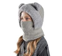 Maeau Kinder Mädchen Mütze Winter Beanie Baby Wintermütze Warme mit Ohren für Jungen Schlupfmütze Gestrickt mit 2 Zwei Bommel Kleinkind Sturmhaube Fleece Fahrrad Schalmütze und Schal Set Herbst Grau