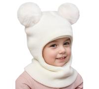 Maeau Kinder Mädchen Mütze Winter Beanie Baby Wintermütze Warme mit Ohren Jungen Schlupfmütze Gestrickt mit 2 Bommel Kleinkind Sturmhaube und Loop Schal Set Fahrrad Schalmütze Strickmütze Herbst Weiß