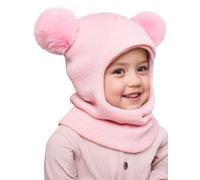 Maeau Kinder Mädchen Schalmütze Winter Herbst Baby Mütze Warme Niedlich Jungen Wintermütze Gestrickt Beanie Neugeborene Schlupfmütze und Schal Set mit Ohren Sturmhaube Strickmütze mit Zwei Bommel Rosa