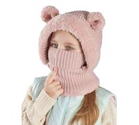 Maeau Kinder Mädchen Schalmütze Winter Herbst Baby Strickmütze Warme Gefütterte Jungen Mütze Gestrickt Beanie Neugeborene Wintermütze Fleece mit Ohren Sturmhaube und Loop Schal Set mit 2 Bommel Rosa