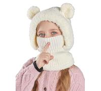 Maeau Kleinkind Sturmhaube Winter Fahrrad Mädchen Schalmütze Warme Herbst für Baby Jungen Strickmütze Gestrickt Gefütterte Kinder Mütze Fleece Beanie Schlupfmütze und Loop Schal Set mit Ohren Weiß