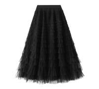 Maeau Mädchen Langer Rock Hohe Elastische Taille Sommer Teenager Stufenrock Lang Kinder Tellerrock Party Midi 12 13 Jahre Spitzenrock Tanz Tüll Strandrock Tütü Plissee Tüllrock Festival Maxi Schwarz