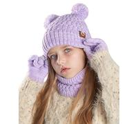 Maeau Mädchen Mütze Handschuhe und Schal Set Winter 3 Teilig Jungen Wintermütze Dreiteiliges Frühling Mützen Warme Gestrickter Kinder Strickmütze Hut Schal Gefütterte 3 Stück Beanie Gestrickt Violett
