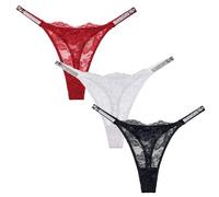 Maeau Spitze Tanga Damen 3er Pack G-String Stretch Strass Schlüpfer Transparent Mesh Dessous Slips Glitzer Sexy Unterhosen Höschen Lace String Pantys EU M (Asie L)