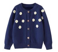 Maeau Strickjacke Kinder Mädchen Baumwoll Strickjacke Langarm Rundhals Blume Cardigan Gestrickte Jacke Lange Ärmel Blumenmuster Bolero mit Knöpfen Schule Strickpullover Kurz Marineblau 8 9 Jahre 140