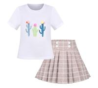 Mädchen 2 Stück Setzen Braun Rock Kaktus T-Shirt Beiläufig Schule Tennis Heim Gr. 128-134,Weiß Beige,128-134