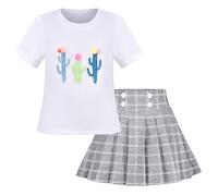 Mädchen 2 Stück Setzen Grau Rock Kaktus T-Shirt Rippenstrick Schule Sport Gr. 116-122,Weiß Grau,116-122