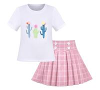 Mädchen 2 Stück Setzen Rosa Rock Kaktus T-Shirt Rippenstrick Schule Tennis Sport Gr. 128-134,Weißes Rosa,128-134