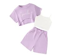 Mädchen 3-teiliges Sommer Outfit,Modisch Buchstaben Print Kurzarm Kurz Shirt & Lässig Camisole Träger-Top & Locker Shorts, Modisch-casual Sommer Kleidung für Kinder, 7-8 8-9 9-10 10-11 11-12 Jahre