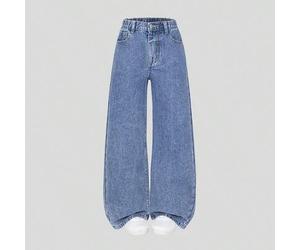 Mädchen All-Match Tankini Denim Jeans, vielseitige aquablau Sommer Schul-Baggy-Hose, elastischer Bund mit Reißverschluss, gewaschener Y2K-loser Crop-F