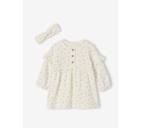 Vertbaudet Mädchen Baby-Set: Kleid & Haarband mit Herzen wollweiß 62