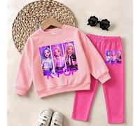 Mädchen Cartoon Idol Muster Rosa Hexenjäger Top Rundhals Sweatshirt Schwarze Leggings 2-teiliges Set Kinder Lässig Outfit 4-7Y Fuchsia Hose personalis