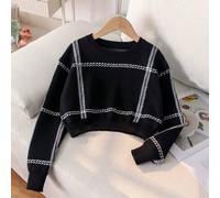 Mädchen einfacher karierter gestreifter kurzer Strickpullover, geeignet für den Lässig-Alltag, Frühling, Herbst, Winter