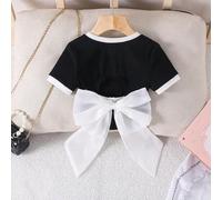 Mädchen Einfarbig Gestrickt Figurbetont Kurzes Rückenfrei T-Shirt mit Organza Oversized Schleife Dekor, Modisch Französisch Elegant, Schulanfang, Y2K,