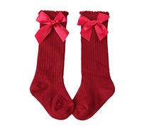 Mädchen einfarbige Kniestrümpfe mit Schleife, lange Baumwolle, Stretch, Schulkleid, Prinzessin, Schleife, Strumpf für 0-4 Jahre, rot, 36