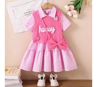 Mädchen gestreiftes Hemdkleid aus Gewebe mit gestrickter Fleeceweste, Stickerei mit englischem Text, Kleid mit gehäkelter Blumenakzent, geeignet für A