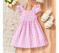 Mädchen Gingham ärmelloses Schleifenkleid, rosa Landstil Sommer Outfit für Kinder, geeignet für ländliche Picknicks, Sommerausflüge und den täglichen