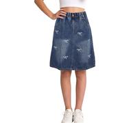 Mädchen Jeansrock Elastischer Bund A-Linie Sommer Kinder-Denim Jeans Sommerrock Midi Knielang mit Taschen Blaue Schleife 158-164