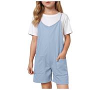 Mädchen Jumpsuit Kinder Ärmelloses Overall Sommer Lässig Kurze Latzhose Loose Fit Baumwolle Shorts mit Spaghetti Strap, 5-14 Jahre Mädchenhose Kurze Jumpsuits Bequem Weich (Blue, 11-12 Years)