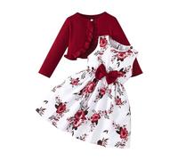 Mädchen Kleid 2-teiliges Ärmellos Blumenmkleid mit Langarm Strickjacke Kinder Baumwolle Kleidanzug Bowknot A-Linie Kleider Elegant Sommerkleid Teenager Swing Lässig Mädchenkleid (Red, E)