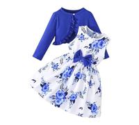 Mädchen Kleid 2-teiliges Ärmellos Blumenmkleid mit Langarm Strickjacke Kinder Baumwolle Kleidanzug Bowknot A-Linie Kleider Elegant Sommerkleid Teenager Swing Lässig Mädchenkleid (Blue, A)