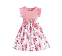 Mädchen Kleider Rüschenärmel Sommerkleid Rundhalsausschnitt Blumenmädchenkleider Hochzeit Kinderkleid Elegante A Linie Partykleid Kinder Festlicheskleid mit Gürtel 3-7 Jahre Rosa 3-4Jahre