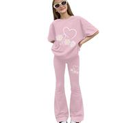 Mädchen Kleidung Baggy Rundhals Kurzarm Tshirt und Lang Schlaghose Zweiteiler Set Kinder Sommer Cute Casual Sport Outfit Elegant Bekleidungssets Bequem Modisch Trainingsanzug (i-Pink, 9-10 Years)