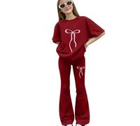 Mädchen Kleidung Baggy Rundhals Kurzarm Tshirt und Lang Schlaghose Zweiteiler Set Kinder Sommer Cute Casual Sport Outfit Elegant Bekleidungssets Bequem Modisch Trainingsanzug (k-Wine, 8-9 Years)