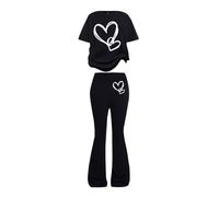 Mädchen Kleidung Baggy Rundhals Kurzarm Tshirt und Lang Schlaghose Zweiteiler Set Kinder Sommer Cute Casual Sport Outfit Elegant Bekleidungssets Bequem Modisch Trainingsanzug (a-Black, 11-12 Years)