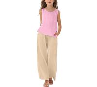 Mädchen Kleidung Leinen Rundhals Ärmellos Tshirt Lang Hose Zweiteiler Set Kinder mit Trägern Sommer Casual Sport Tanktop Outfit Elegant Bekleidungssets Bequem Trainingsanzug (Pink-5, 13-14)