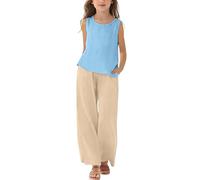 Mädchen Kleidung Leinen Rundhals Ärmellos Tshirt Lang Hose Zweiteiler Set Kinder mit Trägern Sommer Casual Sport Tanktop Outfit Elegant Bekleidungssets Bequem Trainingsanzug (Sky Blue-5, 5-6)