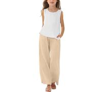Mädchen Kleidung Leinen Rundhals Ärmellos Tshirt Lang Hose Zweiteiler Set Kinder mit Trägern Sommer Casual Sport Tanktop Outfit Elegant Bekleidungssets Bequem Trainingsanzug (White-5, 11-12)